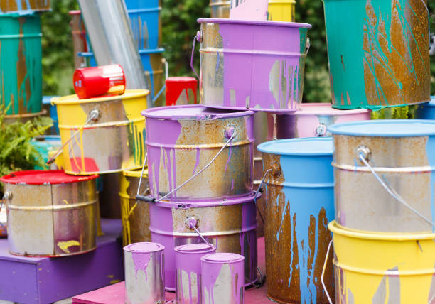 istock The used paint cans. Colorful paint buckets. 1269663878