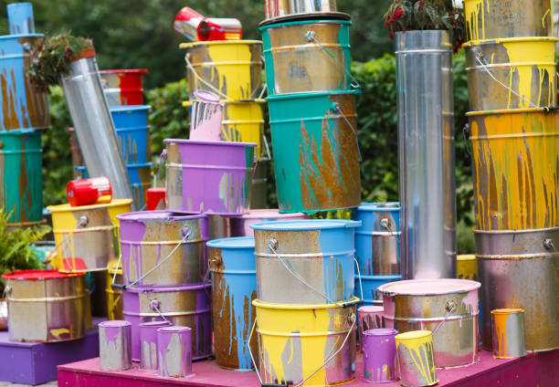 istock The used paint cans. Colorful paint buckets. 1269663898