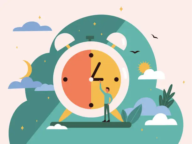Vector illustration of A tiny man behind a round clock sets the time.