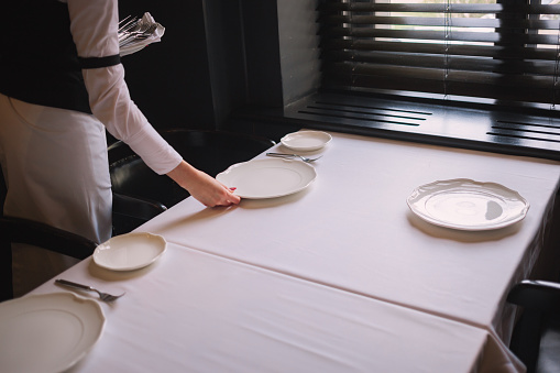 Waitress against empty tableware, table setting