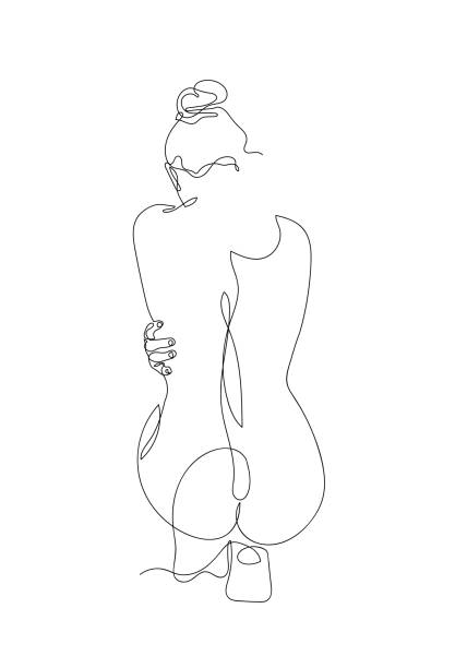 Continuous line Naked woman or one line drawing on white isolated background. Continuous line Naked woman or one line drawing on white isolated background. fashion concept, woman beauty minimalist, illustration of a beautiful nude figure. back illustrations stock illustrations