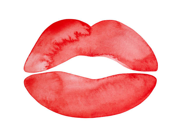 istock Water color illustration of bright red plush lips shape with artistic stains. Hand painted watercolour graphic drawing, cut out element for design decoration, banner, print, poster, event invitation. 1269668741