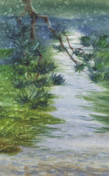 istock Pine tree branches by the lake in the rain watercolor background 1269668908
