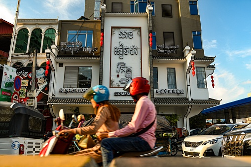 Motorcyclists at rush hour in Phnom Penh on October 4 2019.