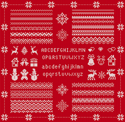 Knit elements and font. Vector. Christmas seamless borders. Knitted pattern. Fairisle ornaments with type, snowflake, deer, bell, tree, snowman, gift box. Sweater print. Xmas illustration. Red texture