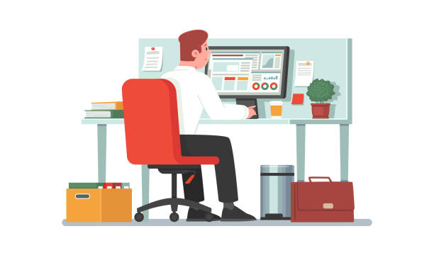 Office employee sits at a desktop in front of a computer monitor. Clerk or accountant, financial analyst works Office employee sits at a desktop in front of a computer monitor. Clerk or accountant, financial analyst works. Vector illustration in flat style accounting office background stock illustrations