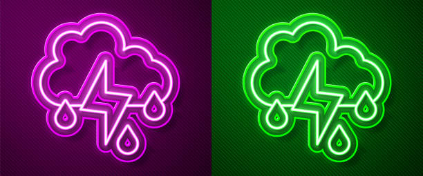 istock Glowing neon line Cloud with rain and lightning icon isolated on purple and green background. Rain cloud precipitation with rain drops.Weather icon of storm. Vector 1269672250