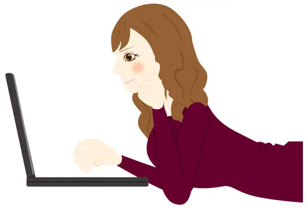 Vector illustration of woman working on her laptop computer