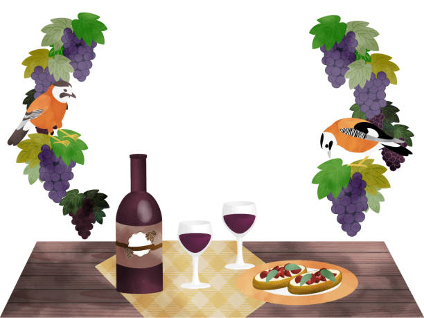 illustrazioni stock, clip art, cartoni animati e icone di tendenza di tavolo da pranzo con vino e vigna jay - wine grape harvesting crop