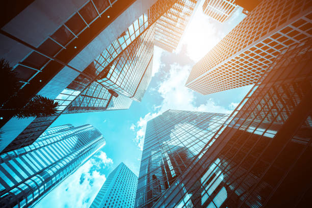 Modern office building close up in sunlight