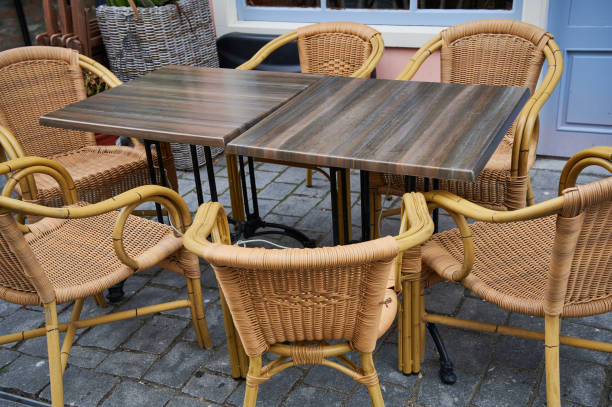 istock empty table with chairs in front of a restaurant in the Netherlands 1269675680