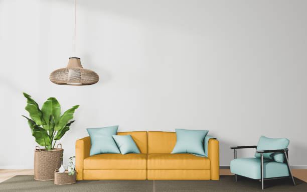 istock Living room with yellow sofa and decor on white wall background, 3D rendering 1269682494