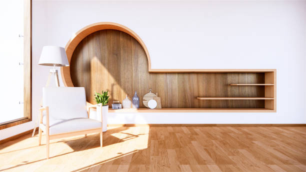 istock shelf wall in modern empty room Japanese and armchair minimal designs. 3D rendering 1269682557