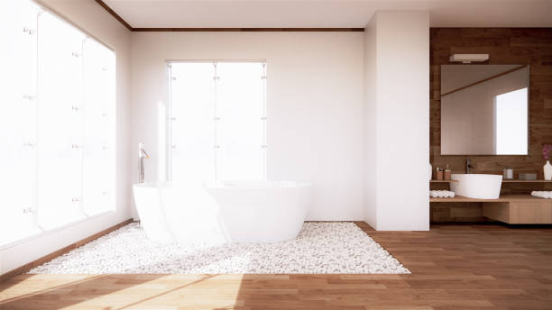 istock Bath room interior bathtub with wall white and wooden floor. 3d rendering 1269682649