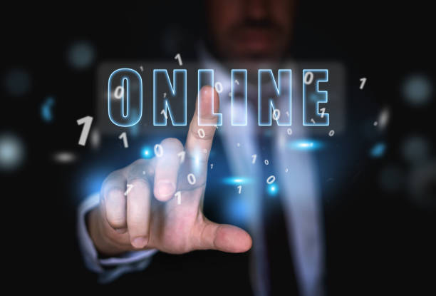 istock Businessman pressing modern virtual button on hi tech background. online business concept 1269682860