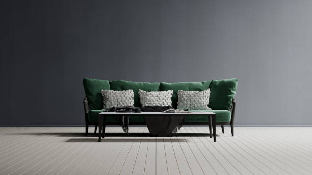 istock 3d rendering of the green sofa on the grey wall and white floor. 1269683863