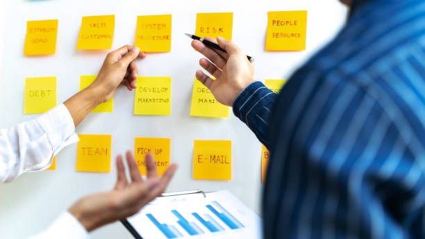istock Startup co-working, Group of people putting sticky notes in the whiteboard. 1269684039