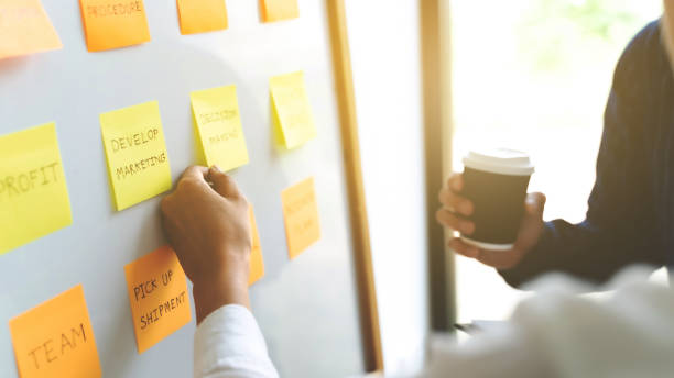 istock Business team putting sticky note on whiteboard in meeting. 1269684054