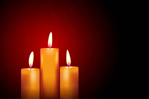 Vector illustration of Vector illustration of three lit candles with wick burning and giving yellow flame over maroon background