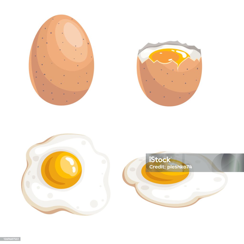 Ilustración de Conjunto De Huevos De Diseño Plano De Dibujos Animados Huevo  Entero Y Huevos Fritos Productos Frescos De La Granja Símbolo Del Desayuno  Aislado Sobre Fondo Blanco y más Vectores Libres