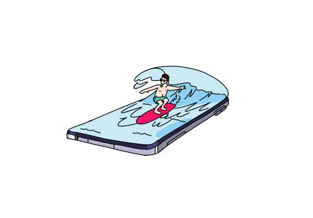 Vector illustration of Man enjoying surfing on a wave. Concept of vacations trough phones.