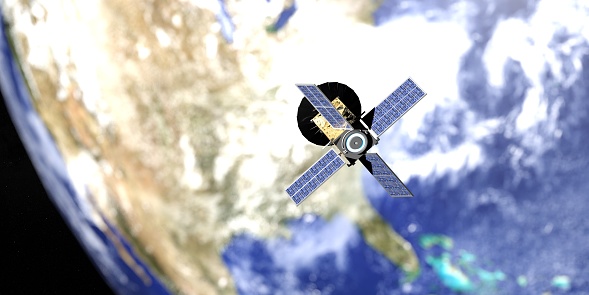 micro satellite called CUBESAT 3D illustration.\n\nEarth map from NASA. free to use.\nhttps://visibleearth.nasa.gov/collection/1484/blue-marble