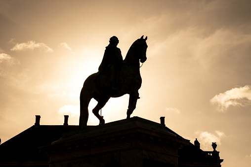 Equestrian statue of King Fredrick V in the middle of Amalienborg square in Copenhagen