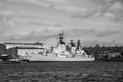 Warship docked by downtown Copenhagen (DK)