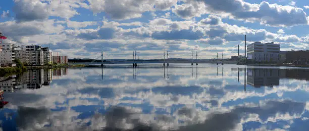 Panoramic View From Bauers Brygga To Munksjobron Bridge In Jonkoping On A Sunny Summer Day With Some Clouds Reflecting In The Water