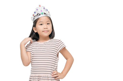 Asian cute girl wearing a crown and a brown dress isolated  on white background.