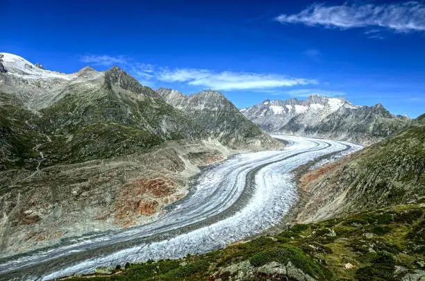 HDR Image of the Aletsch Glacier in the canton of Valais in Switzerland during a windy summer day.