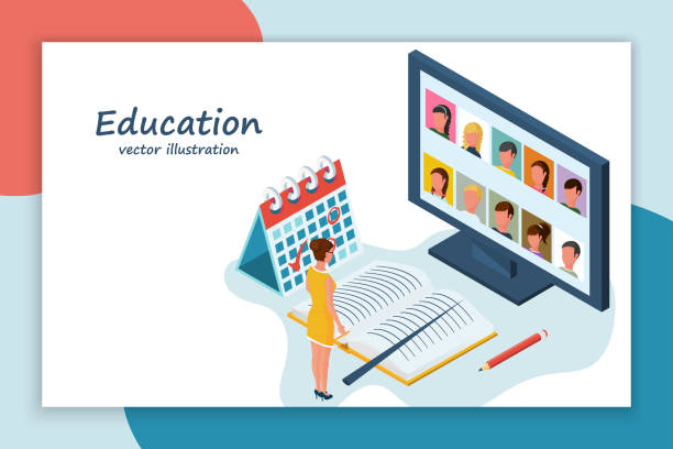 Teacher with pointer and book in front of a computer screen Teacher with pointer and book in front of a computer screen. Online education. Distance learning student avatars. Online lesson. Remote education. Vector isometric. E-learning landing page. teacher classroom child education stock illustrations