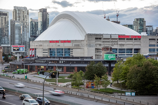 August 29th 2020-The Rogers Centre and The Gardiner Expressway during the blue hour.