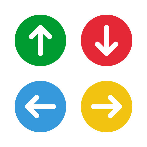 green up red down blue left yellow right arrows, round solid vector signs green up red down blue left yellow right arrows, round solid vector signs back arrow stock illustrations
