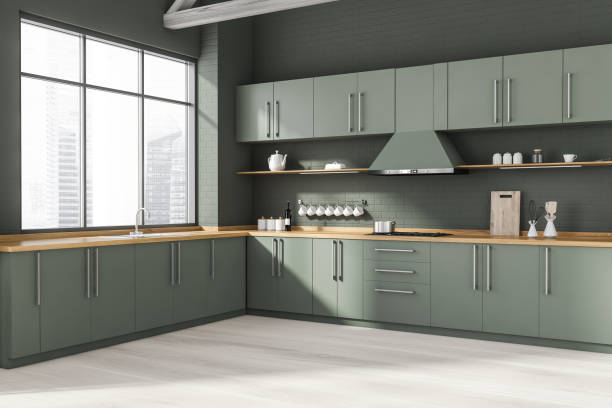 istock Grey kitchen corner with countertops and window 1269696382