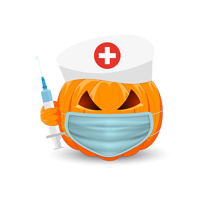 Pumpkin doctor. Pumpkin with medical mask and syringe on white background. The main symbol of the holiday Happy Halloween. Vector illustration.