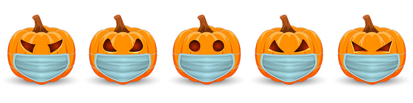 Set Pumpkin with medical mask on white background. The main symbol of the Happy Halloween holiday. Orange pumpkin with smile for your design for the holiday Halloween. Vector illustration.