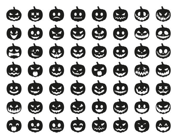ilustraciones, imágenes clip art, dibujos animados e iconos de stock de conjunto de calabazas negras sobre fondo blanco. el símbolo principal de la fiesta happy halloween. calabazas negras con sonrisa para las vacaciones de halloween. - pumpkin