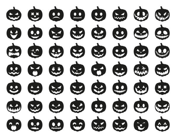 Set of black Pumpkins on white background. The main symbol of the holiday Happy Halloween. Black pumpkins with smile for the holiday Halloween. Set of black Pumpkins on white background. The main symbol of the holiday Happy Halloween. Black pumpkins with smile for the holiday Halloween. Vector illustration. happy halloween pumpkin stock illustrations