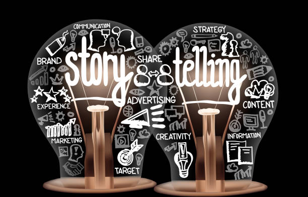 stockillustraties, clipart, cartoons en iconen met gloeilampen met story telling concept - verhalen vertellen