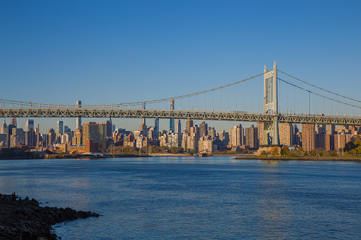RFK Triborough Bridge with Skyscrapers of Manhattan Upper East Side in Background and Water of East River in the Morning as seen from Queens, New York, USA. Canon EOS 6D (full frame sensor) DSLR and Canon EF 24-105mm F/4L IS lens. HDR image.