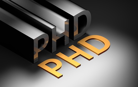 Large bold letters PHD abbreviation of Doctor of Philosophy on black background. 3d illustration.