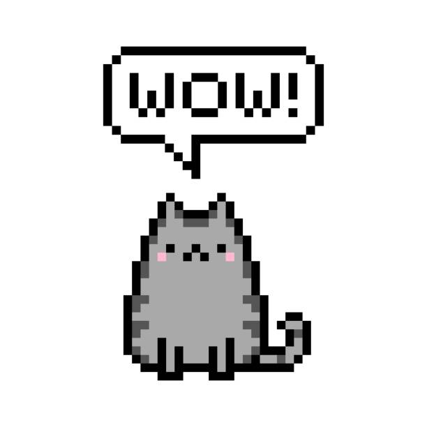 illustrazioni stock, clip art, cartoni animati e icone di tendenza di pixel art 8 bit carino gattino domestico pet pixel dicendo wow - illustrazione vettoriale isolata - pixel art