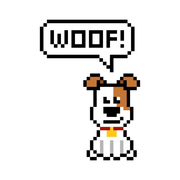 Pixel art 8-bit cute dog says woof - isolated vector illustration isolated vector illustration Pixel art 8-bit cute dog says woof bit binary stock illustrations