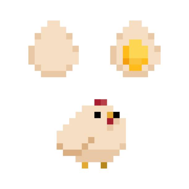 bildbanksillustrationer, clip art samt tecknat material och ikoner med pixel art 8-bitars kyckling och ägg set - isolerad vektorillustration - chicken bits