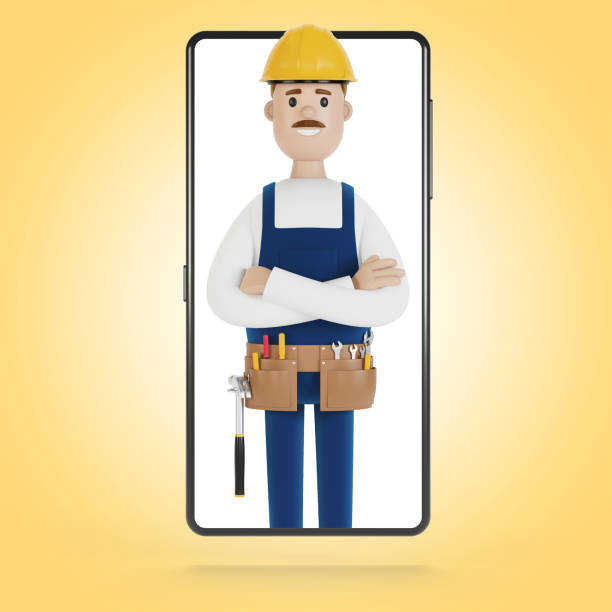 istock Smartphone screen with wizard. Husband for an hour. Electrician, plumber, carpenter, calling the foreman to work. 3D illustration in cartoon style. 1269707541