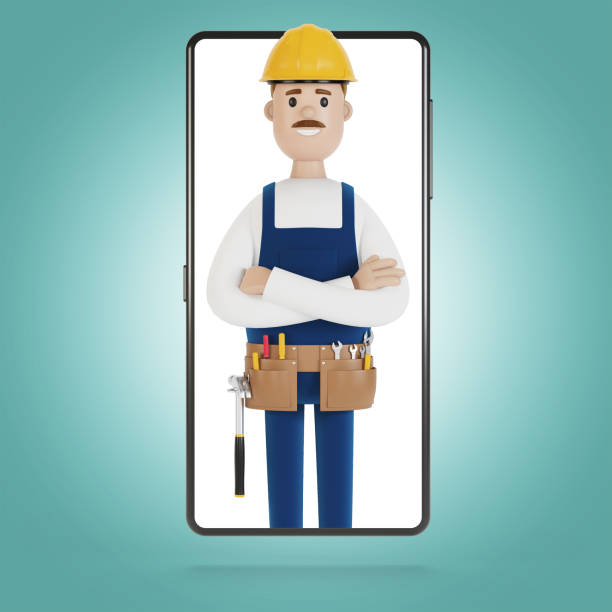 istock Smartphone screen with wizard. Husband for an hour. Electrician, plumber, carpenter, calling the foreman to work. 3D illustration in cartoon style. 1269707602