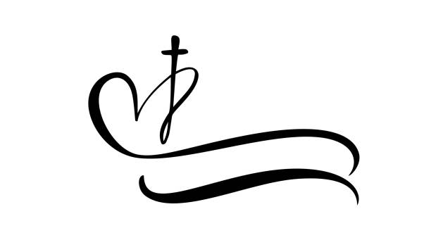 ilustraciones, imágenes clip art, dibujos animados e iconos de stock de logotipo vectorial de plantilla para iglesias y organizaciones cristianas cruzadas en el corazón. signo de caligrafía religiosa emblema cruz y corazón. ilustración minimalista - adorando a dios