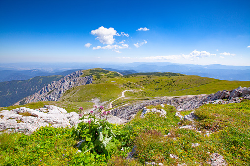 Summer landscape of the Fagaras Mountains, Romania. A view from the hiking trail near the Balea Lake and the Transfagarasan Road.