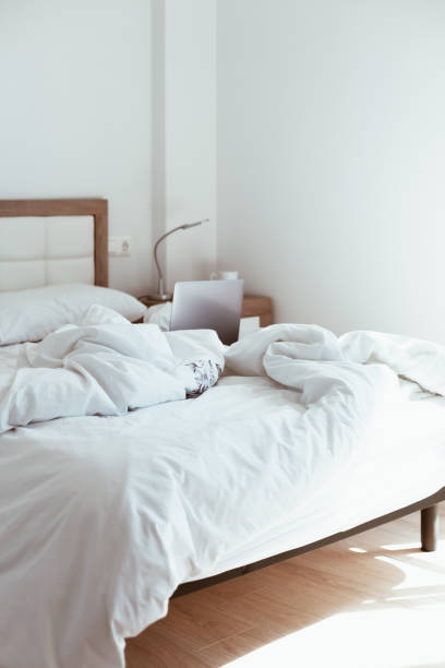 istock Working home isolation concept. Laptop in bed 1269708855